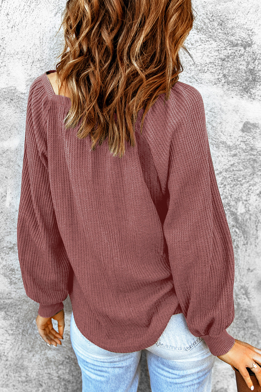 Women's Knit Top with Waffle Balloon Sleeve