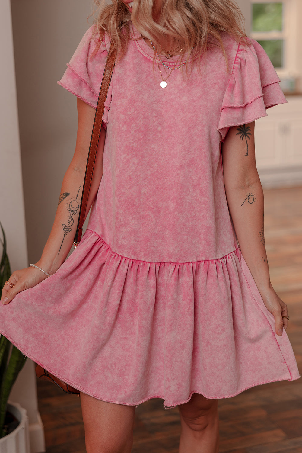 Pink Mineral Wash Raw Edge Ruffle Mini Dress
