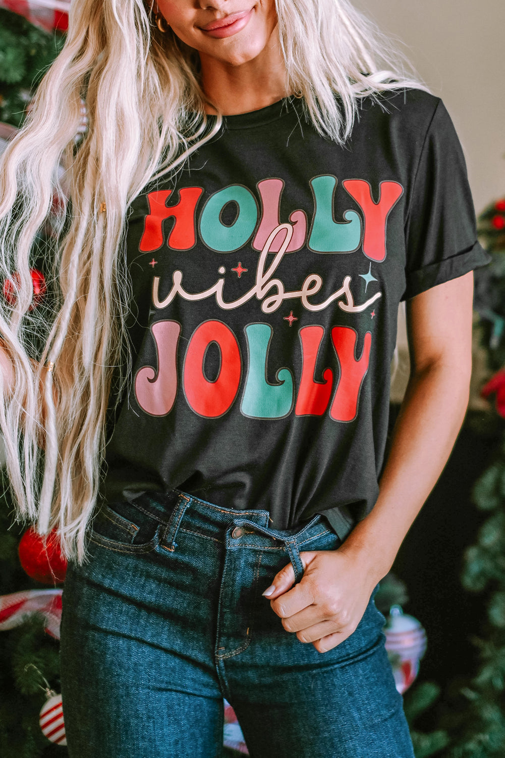 T Shirt for Women Crew Neck HOLLY JOLLY Vibes Christmas