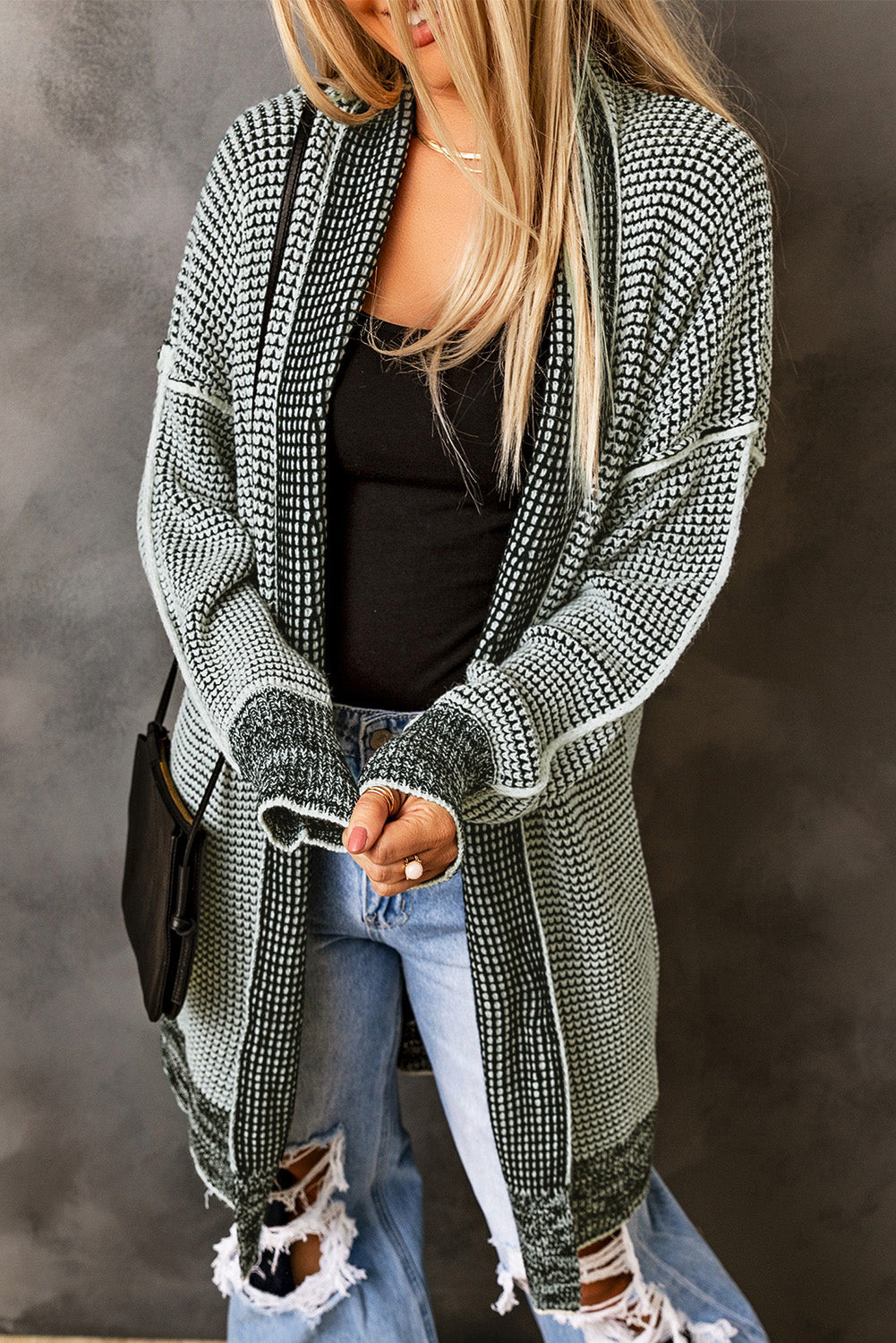 Women's Cardigan with Plaid Knitted Long Open Front Gray