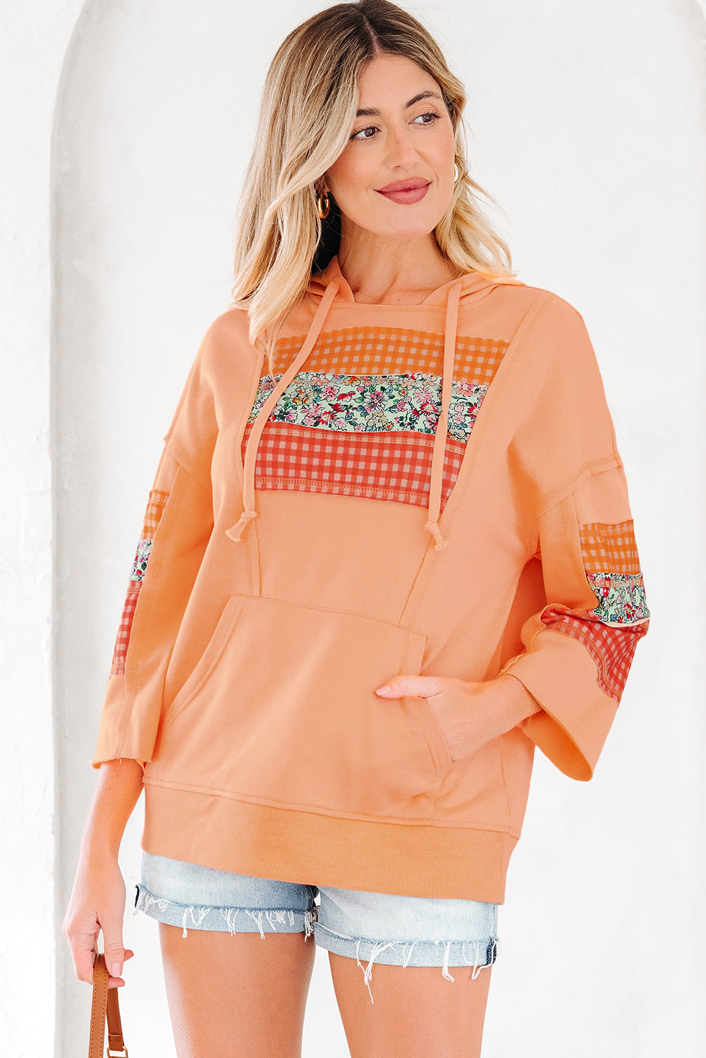 Plaid Floral Patchwork Kangaroo Pocket Hooded Long-Sleeved Top