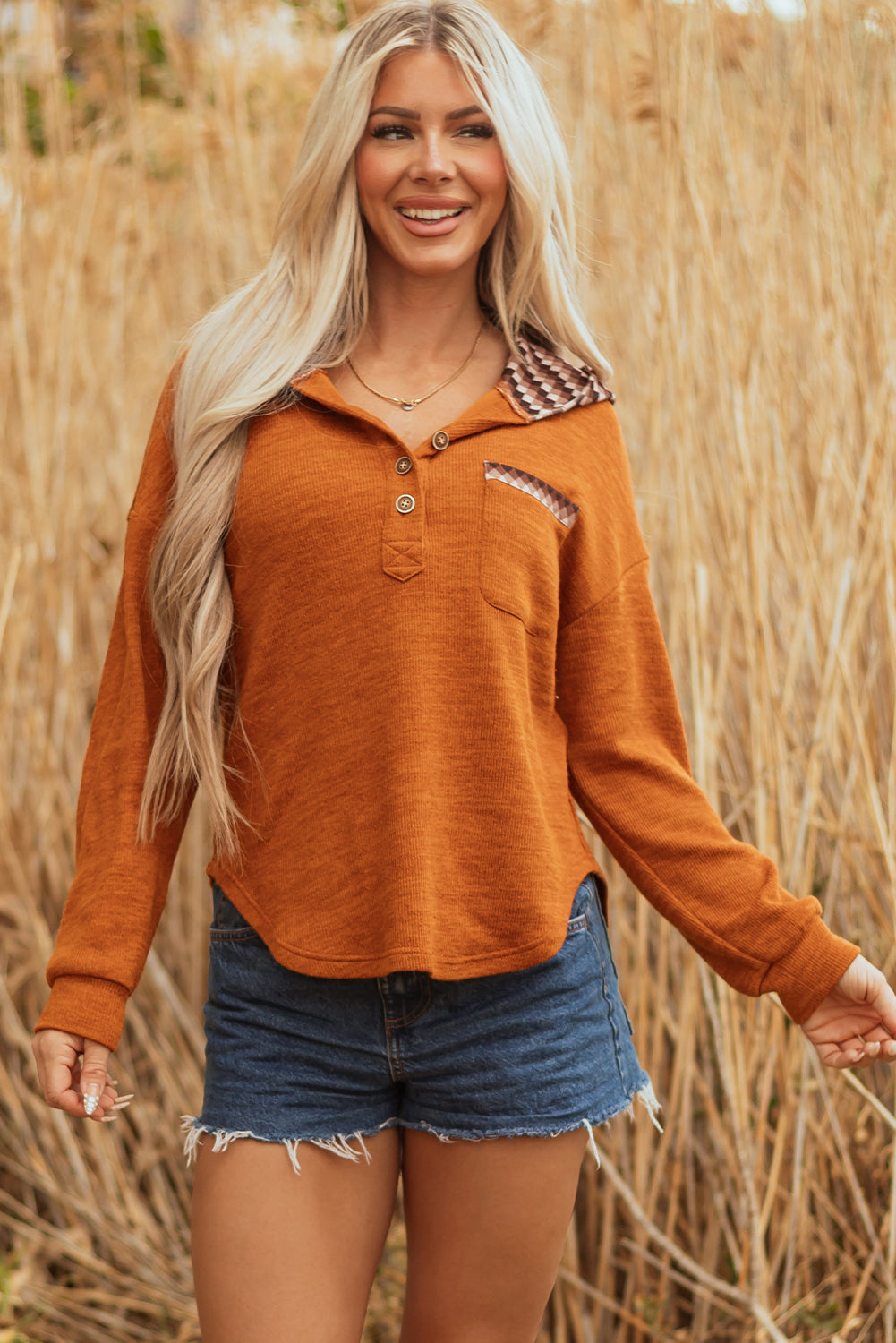 Yellow Contrast Straw Contrast Plaid Hood Patchwork Chest Pocket Henley Top