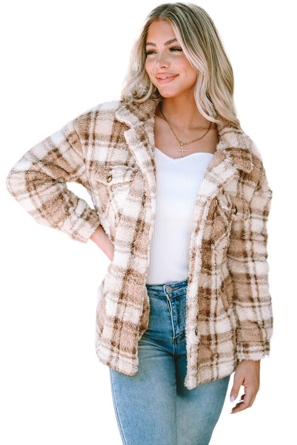 Women's Jacket with Sherpa Plaid Button
