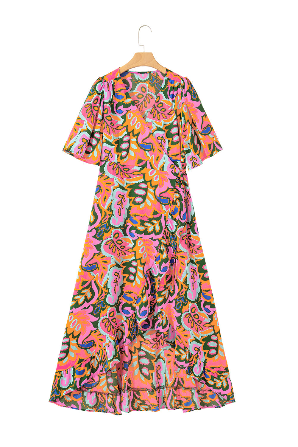 Plant Print Summer Print Surpliced V-Neck Ruffled Asymmetric Slit Wide Maxi Dress