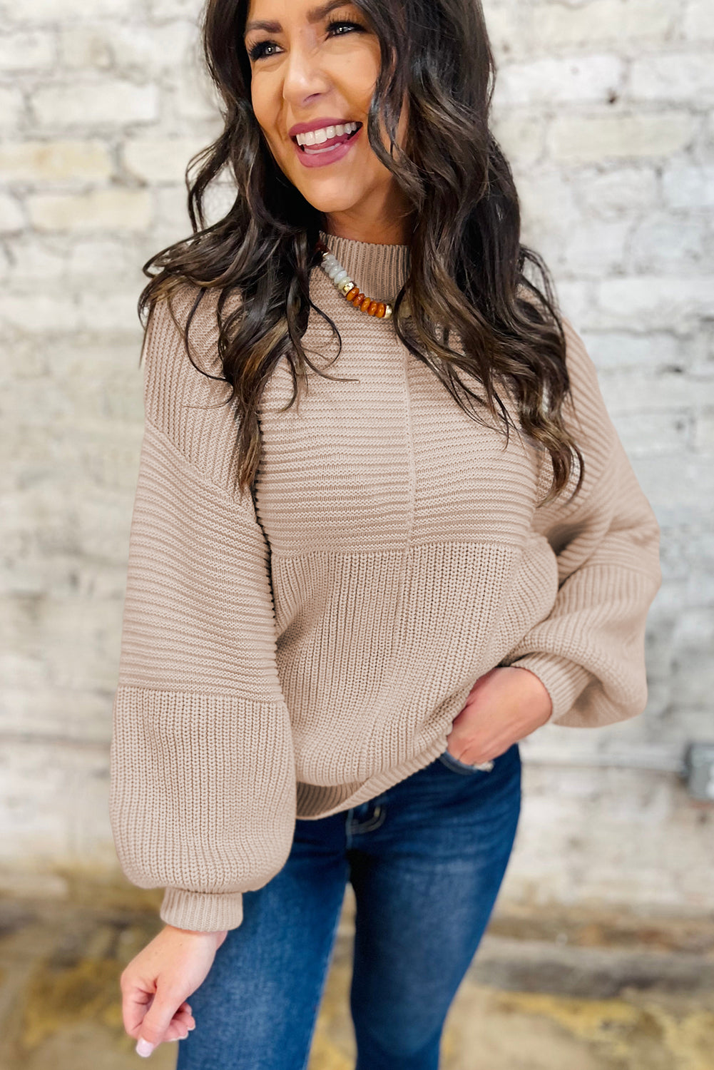 Texture Patchwork Mixed Patchwork Knit Puff Sleeve Knit Top