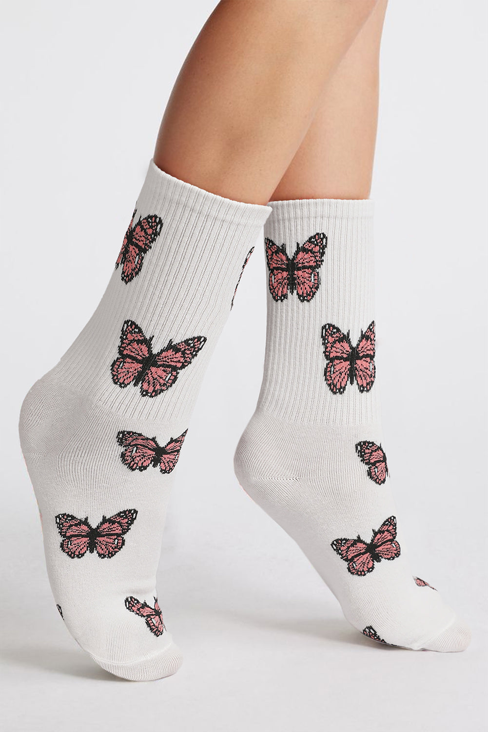 Pattern Rib-Knit Butterfly Rib-Knit Edge Soft Crew Socks