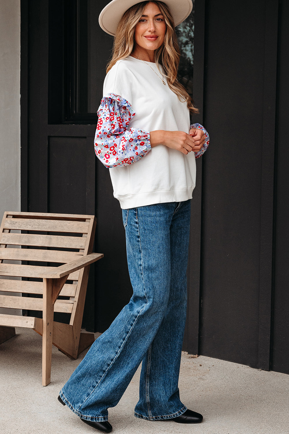 Ruffled Balloon Floral Balloon Sleeve Patchwork Loose Blouse