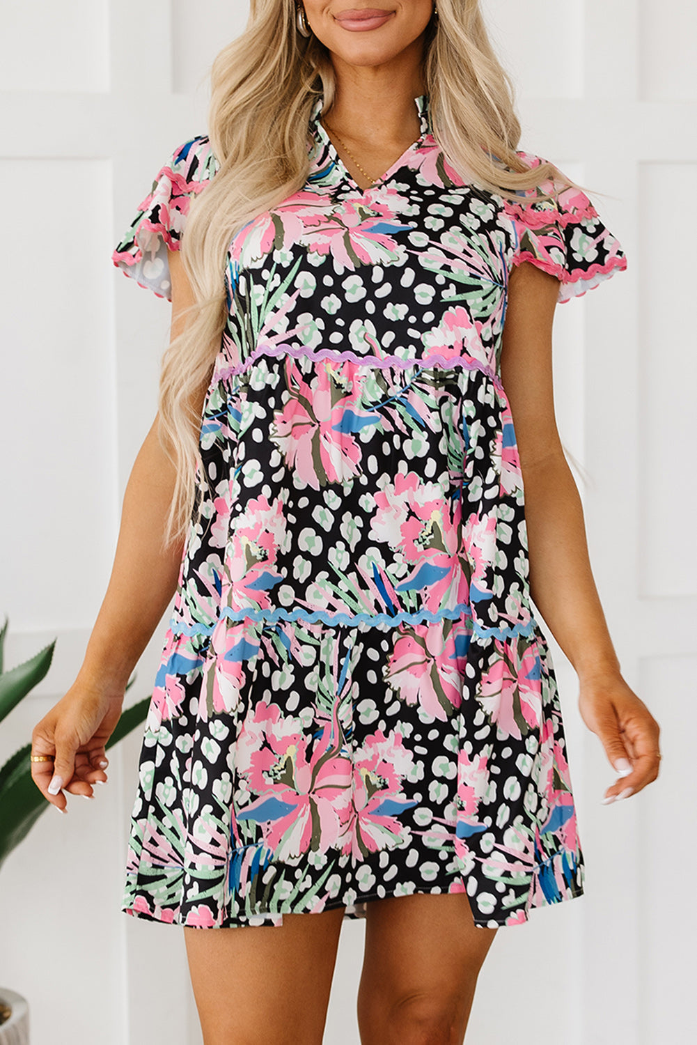 Women's Dresses with Embellished Layered Mini Floral-Print
