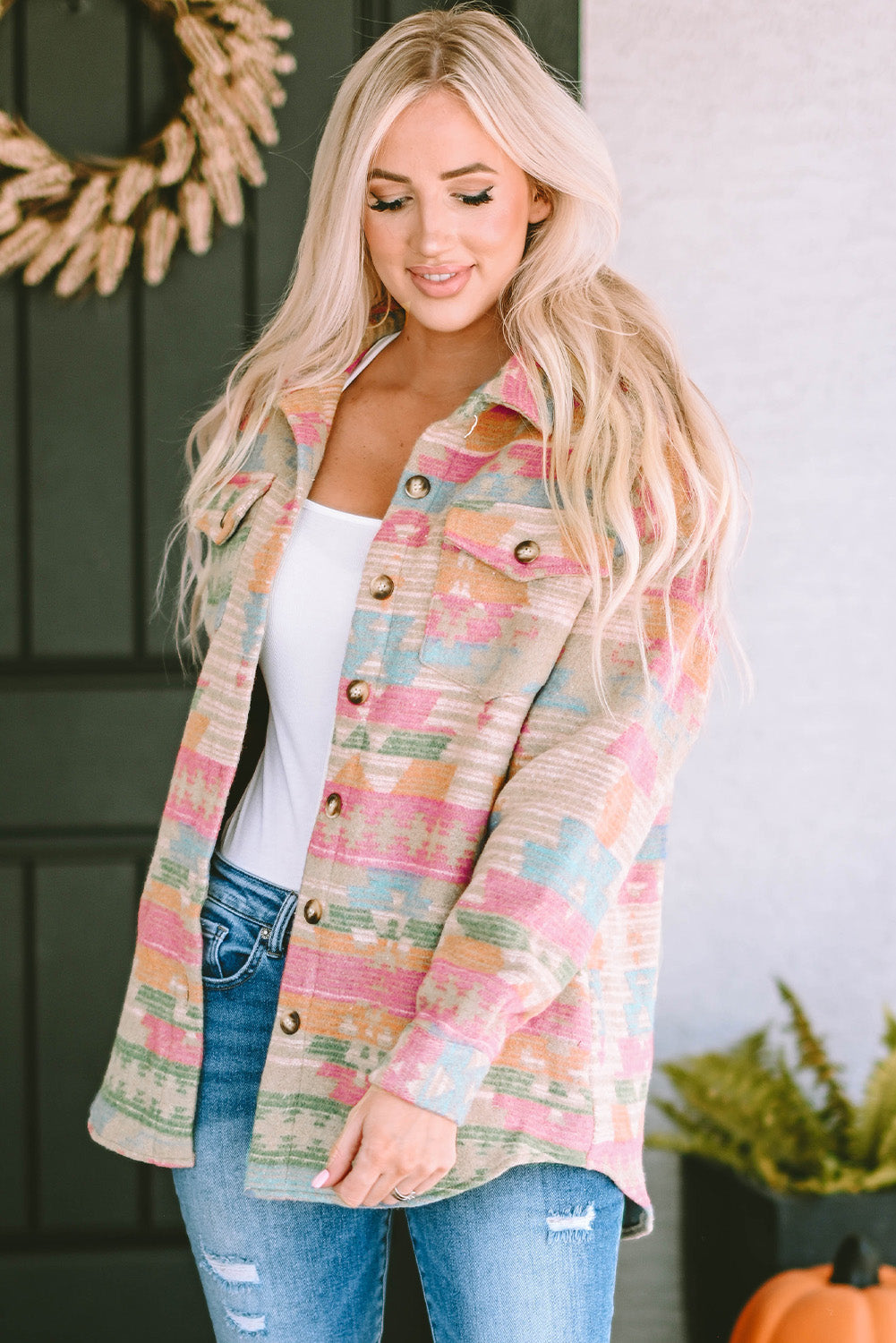 Women's Shacket Featuring Pink Western Aztec-Pattern Button Flap Pocket