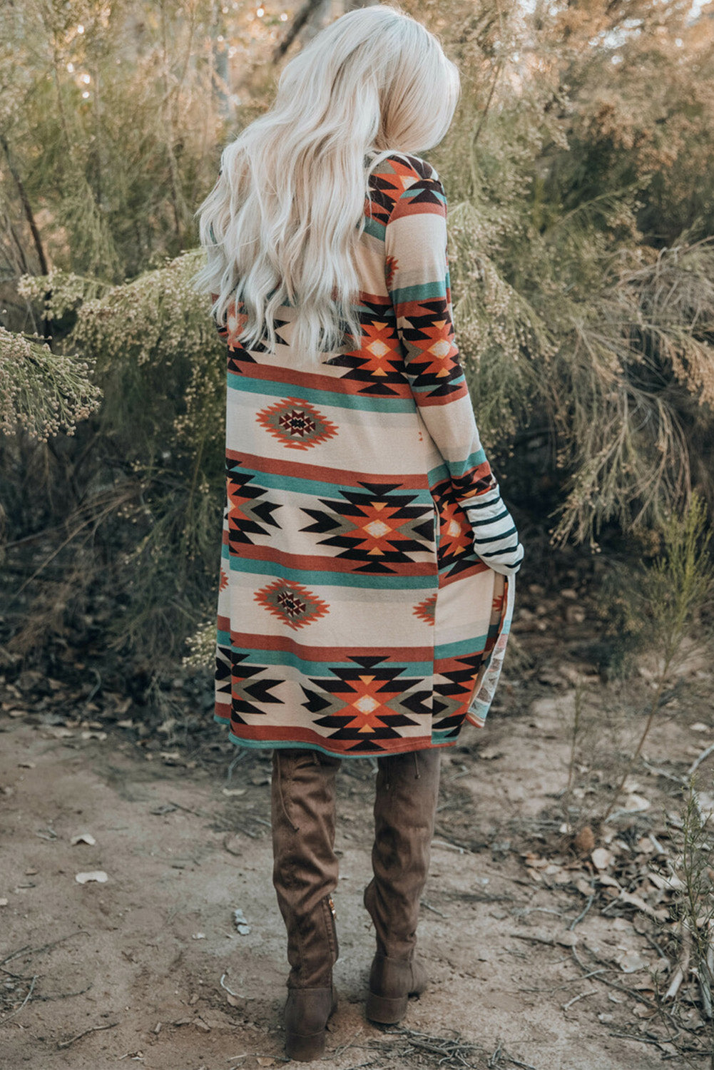 Long Cardigan for Women Geometric Block Open Front