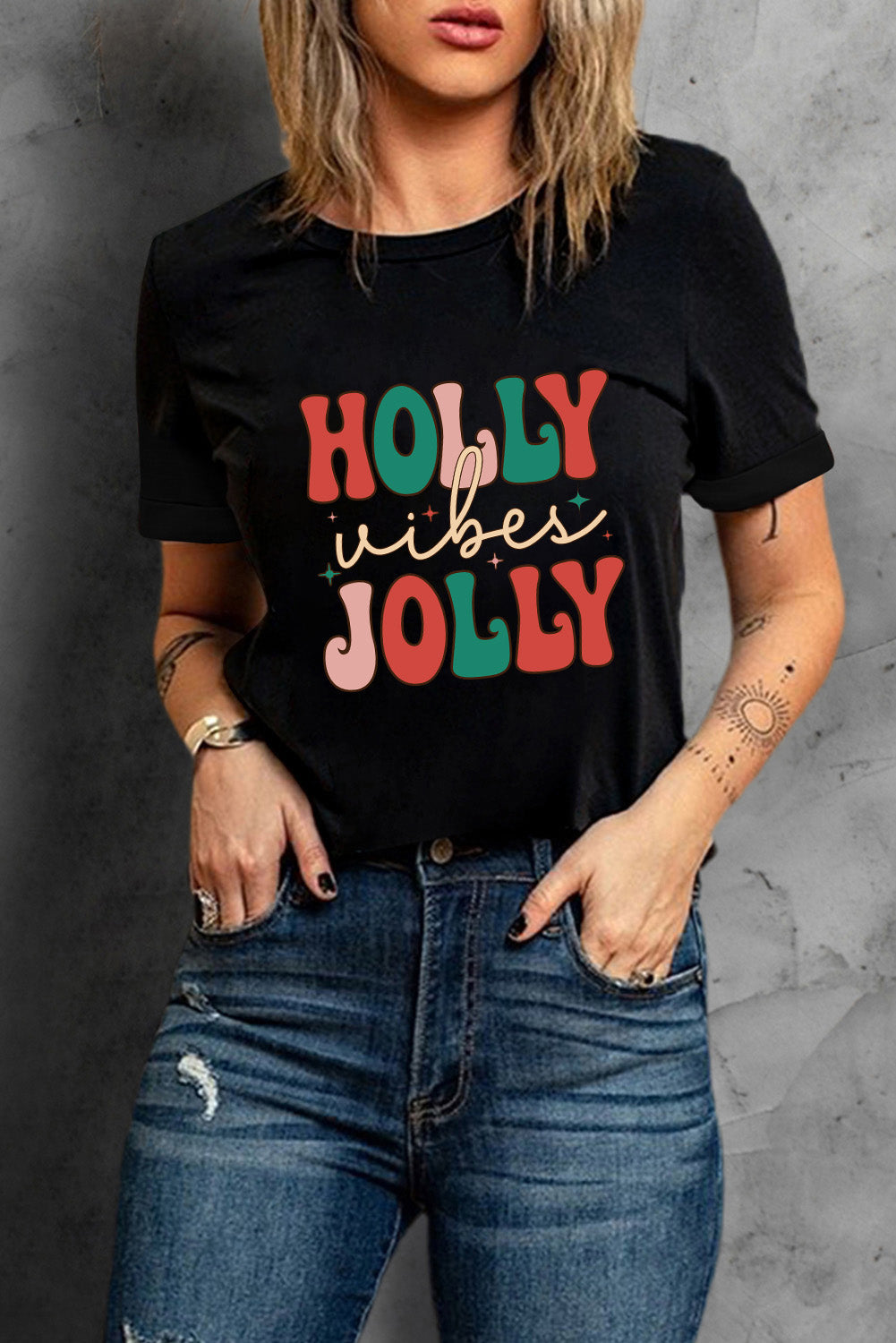 T Shirt for Women Crew Neck HOLLY JOLLY Vibes Christmas
