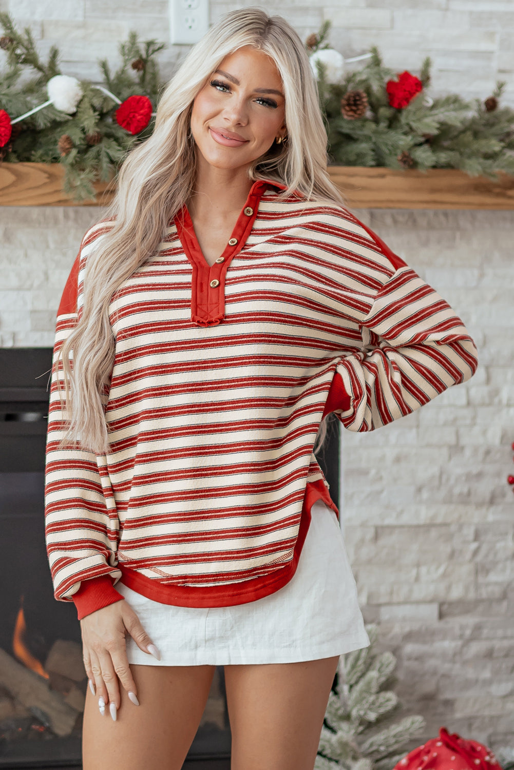 Button-Front V-Neck Collared Drop-Shoulder Top Style