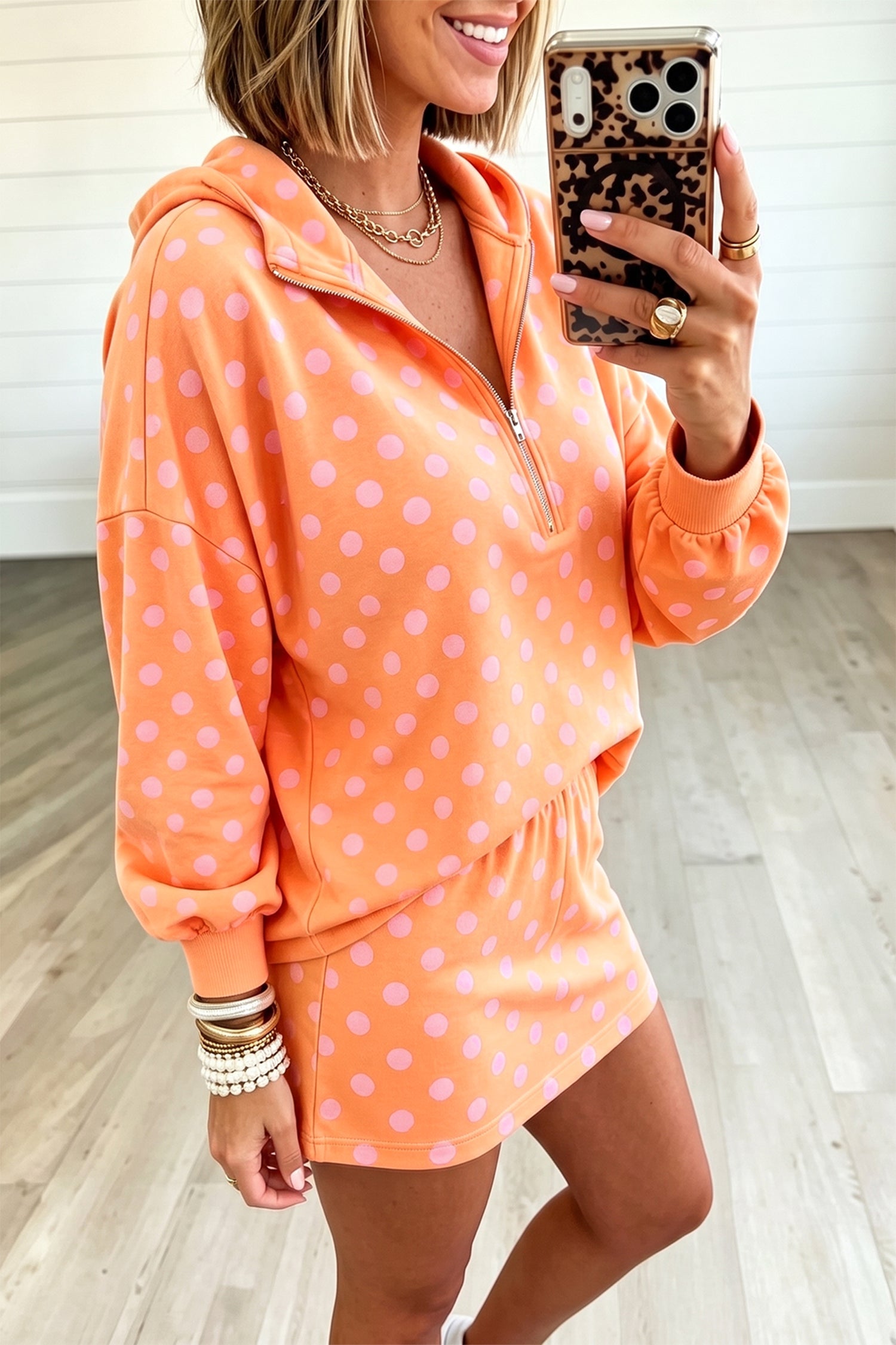 Polka-Dot Hooded Long-Sleeved Top Everyday Mini Skort Set in Orange