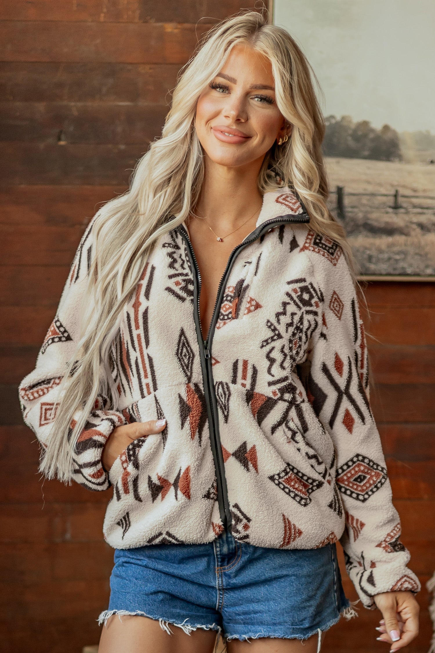 Geometric Print Zip-Front Placket Binding Tape Jacket in Beige