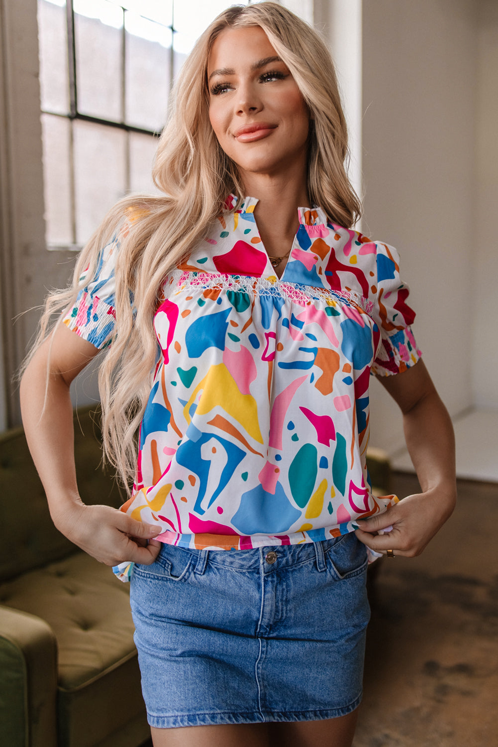 Abstract Print Lace Short Sleeve Split Neck Blouse