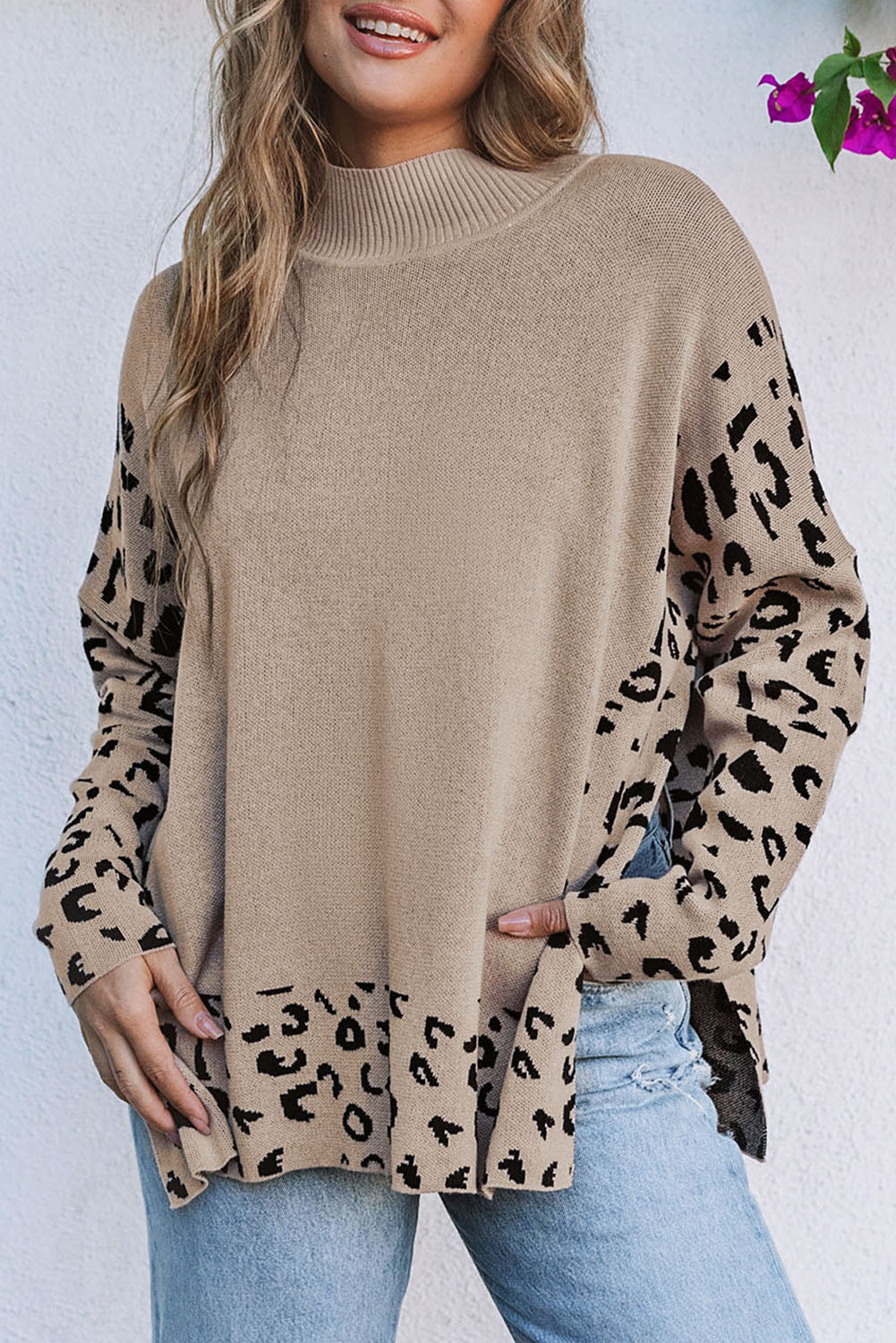 Women's Leopard-Print Side Slit Oversized Sweater