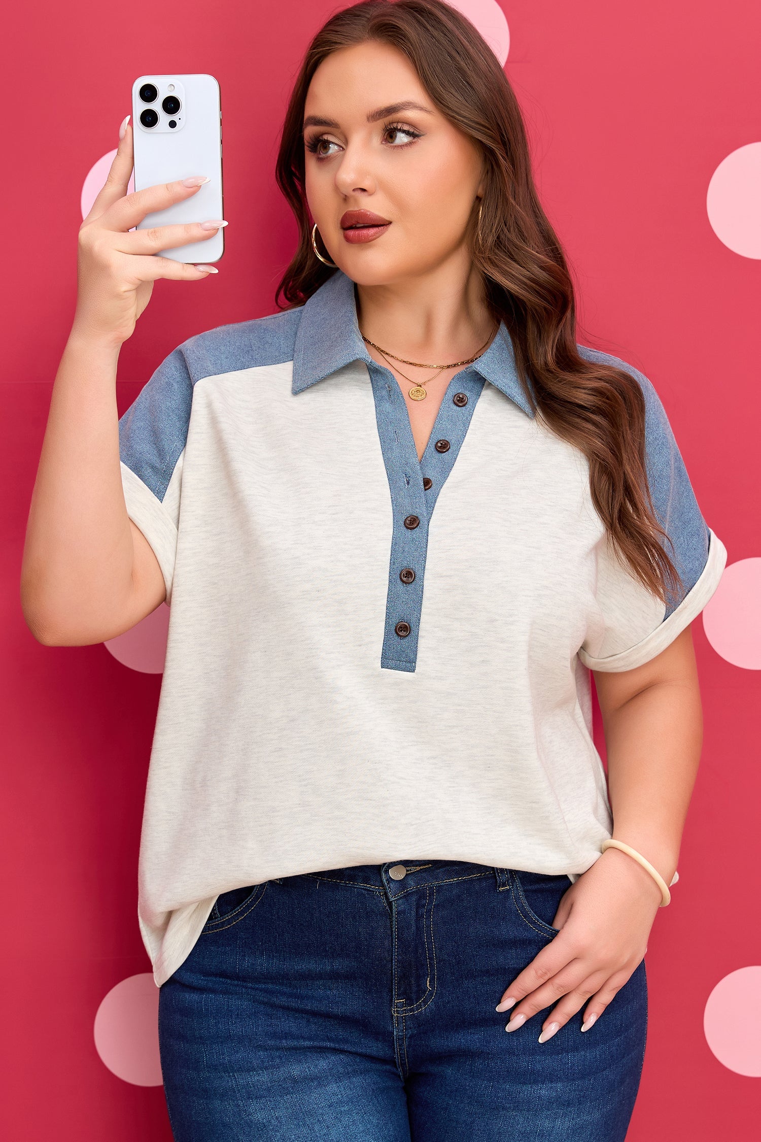 Plus Denim Size Contrast Patchwork Cuffed Sleeve Polo Tee in Beige