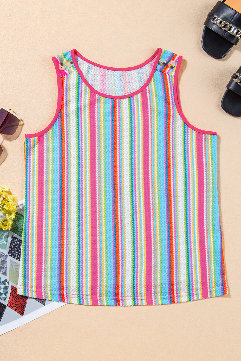 Women's Tank Top Featuring Rainbow Knitted Button