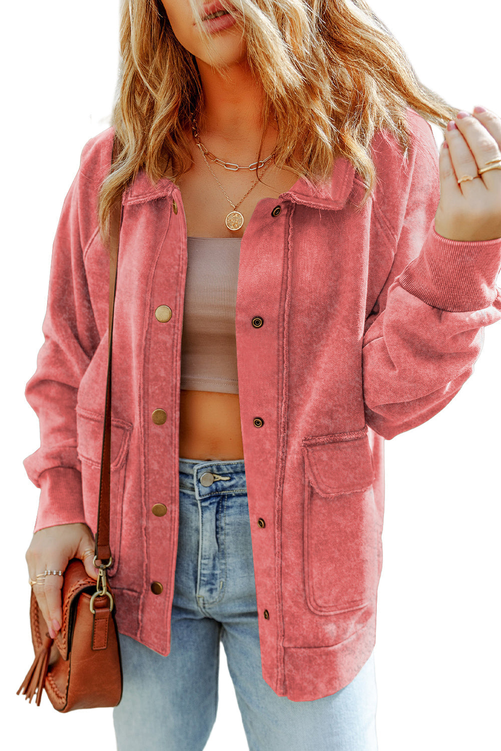 Women's Vintage Washed Flap Pocket Button Red Shacket