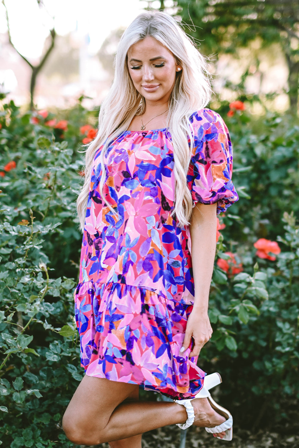 Women's Dresses with Flower Short-Sleeve Ruffle-Trimmed