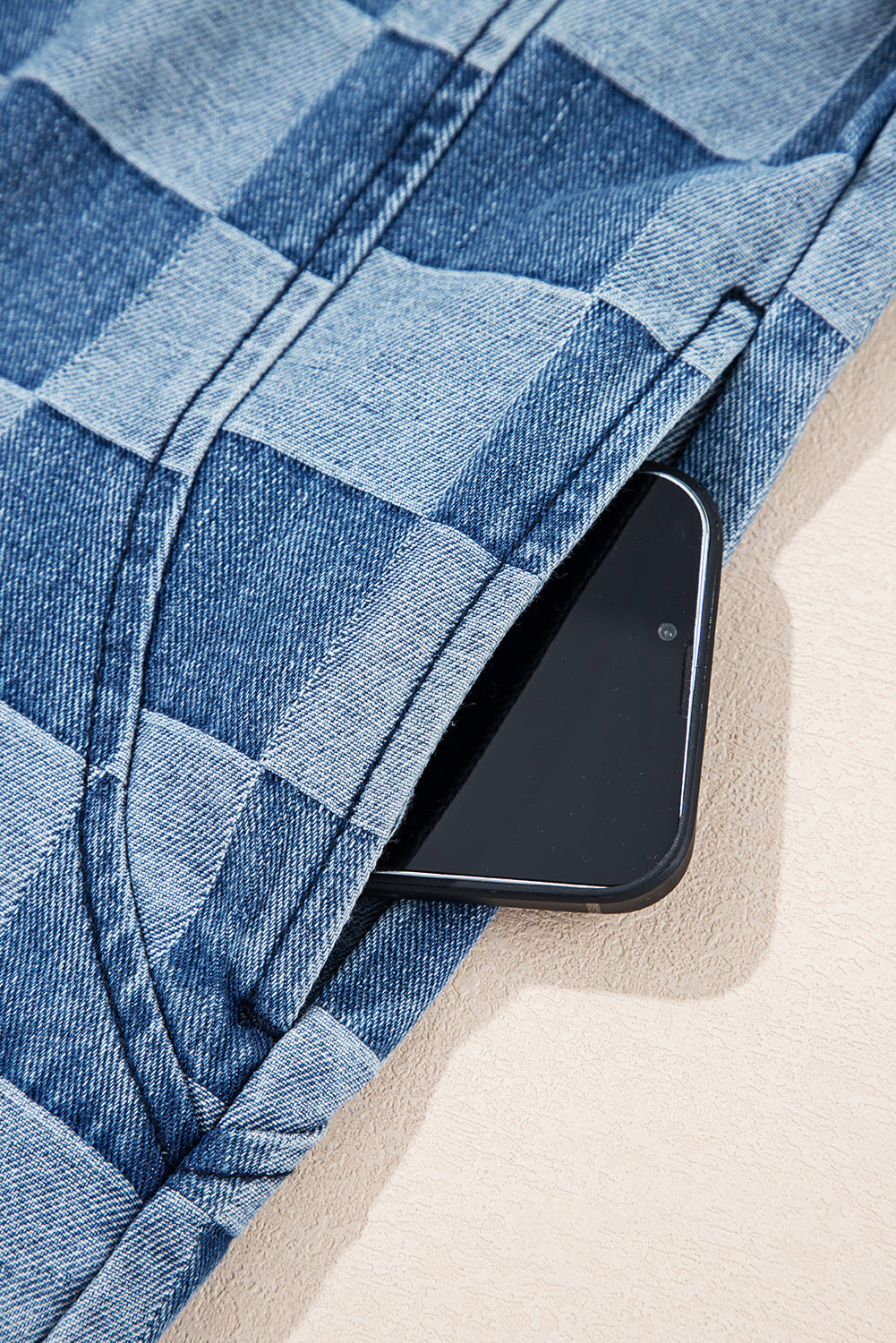 Neck Checkerboard Zip Kangaroo Pocket Denim Hoodie