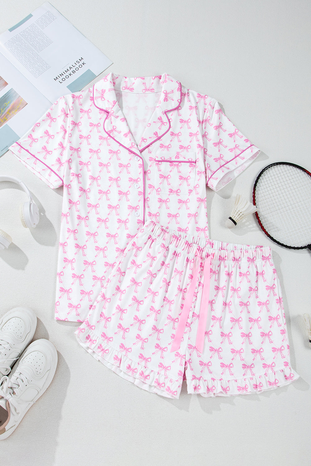 Bowknot and Printed Short-Sleeved Ruffled Shorts Pajama Set