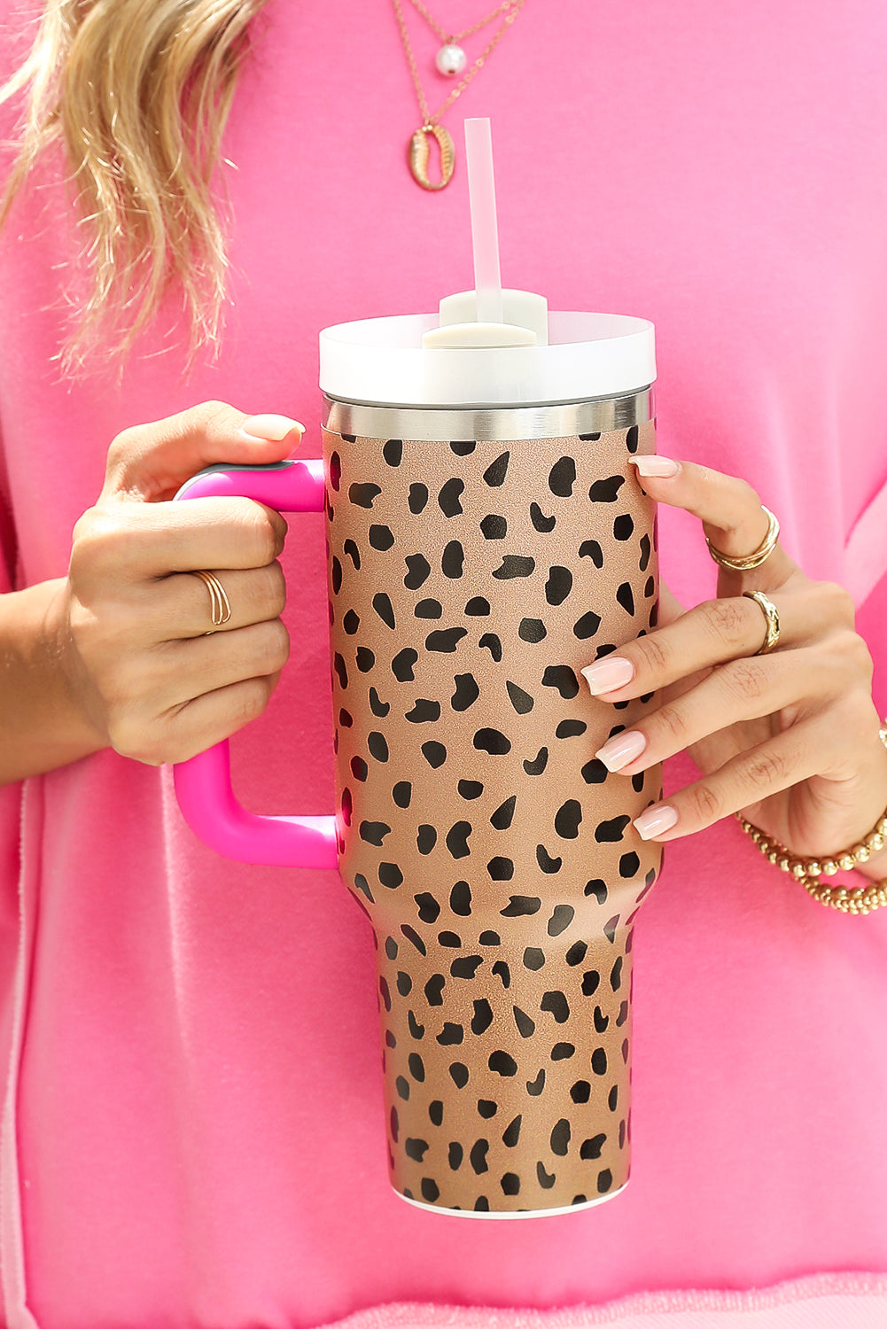 Handled Leopard Printed Cup with Straw 40oz