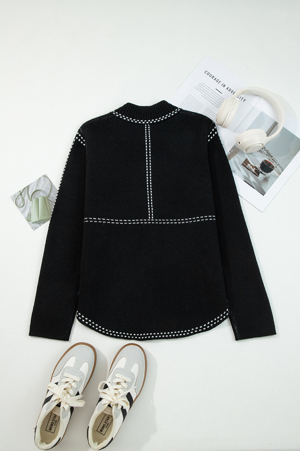 Button-Front Contrast Trim Cardigan Knit Top in Black