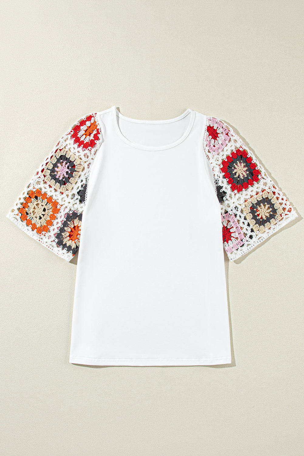 Women's Top with Crochet Short-Sleeve Floral-Print