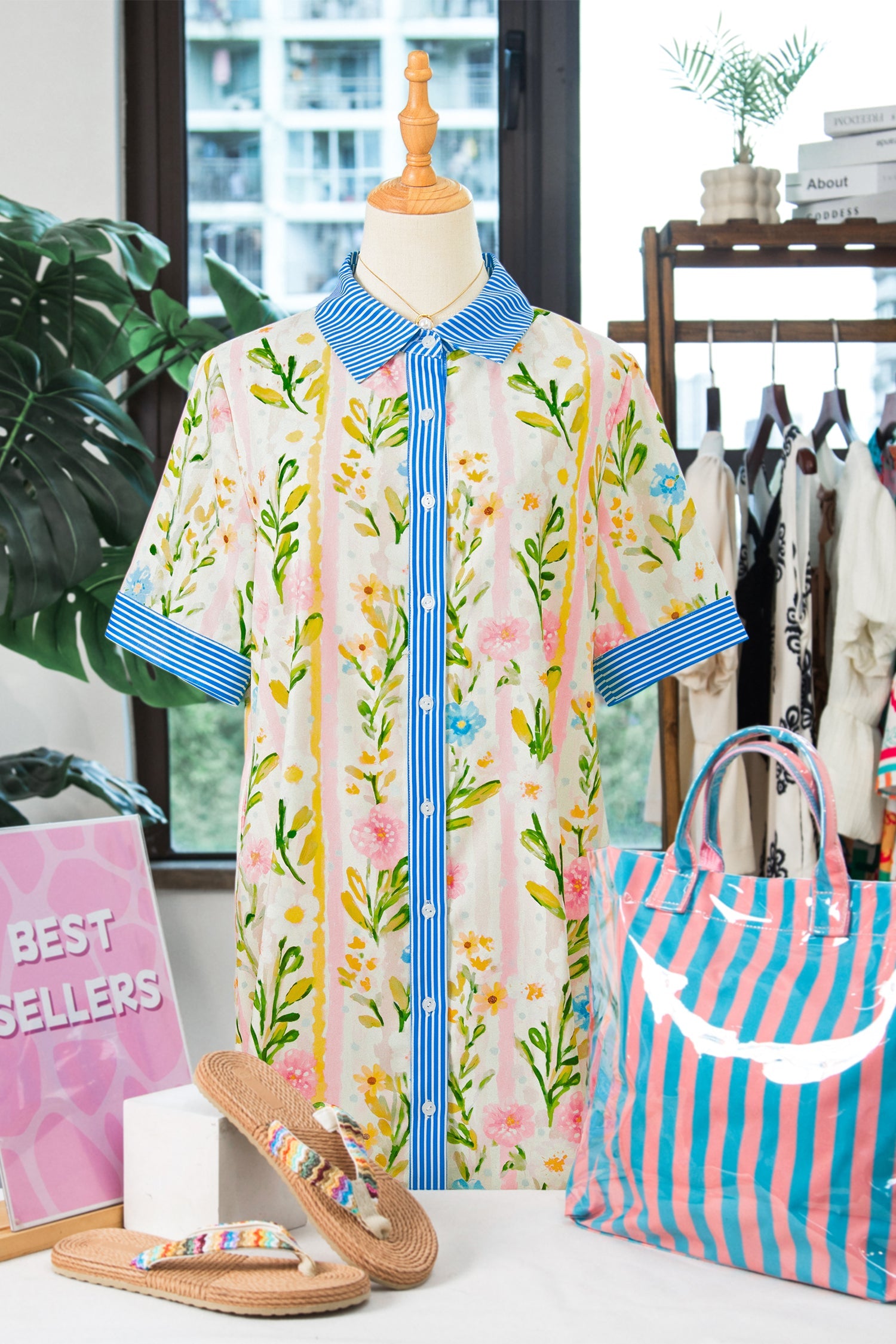 Polished Striped Multicolour Floral-Print Trim Button Down Shift Dress