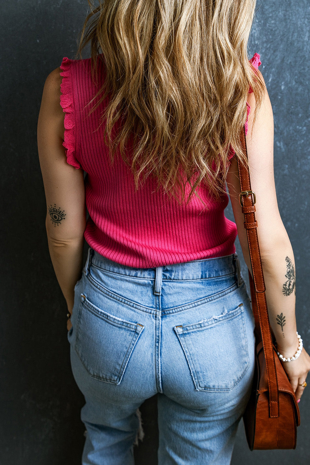 Women's Ruffle-Trimmed Sweater Rib-Knitted Tank