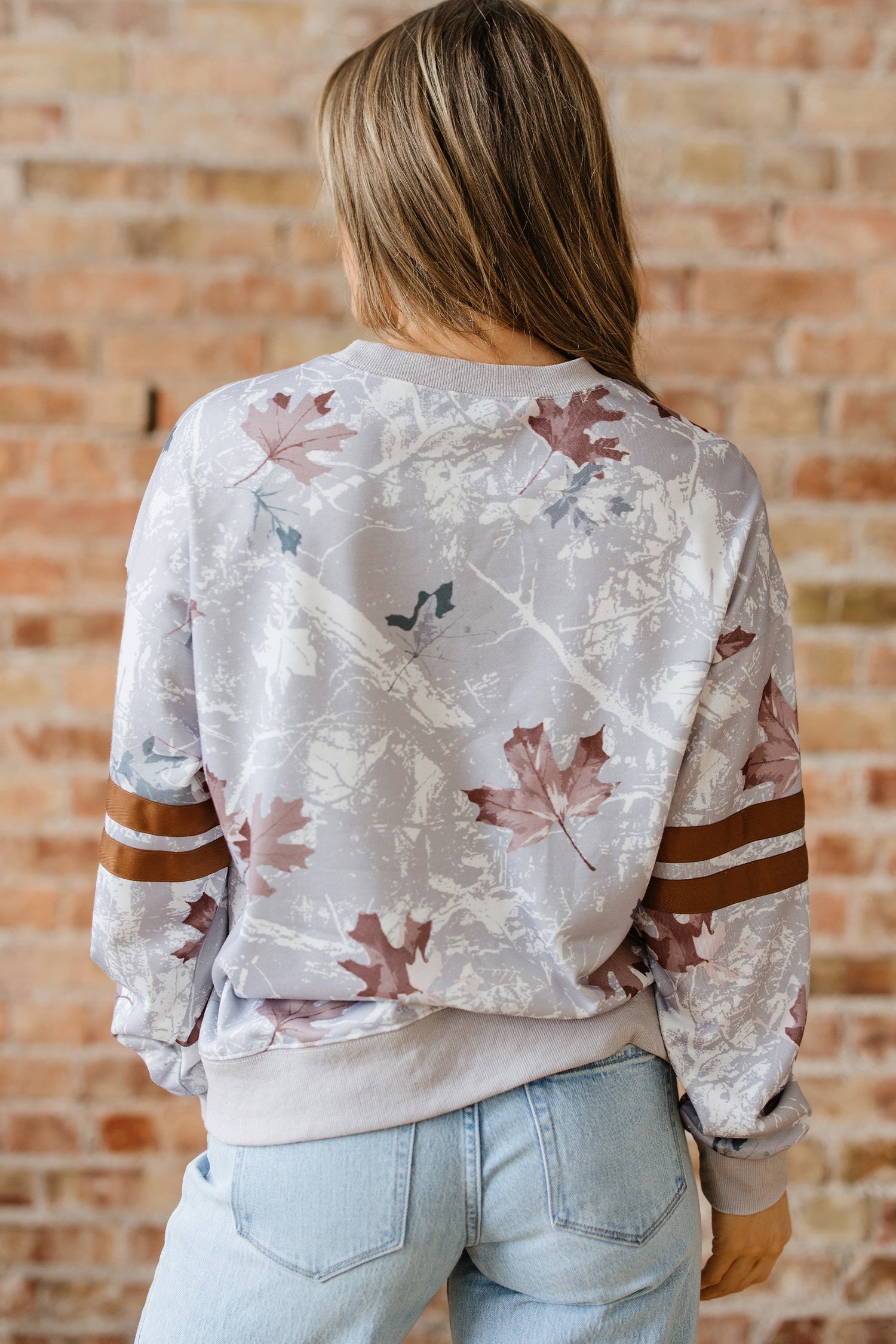 Camo Maple Leaf Print Varsity Striped Sleeve Everyday Sweatshirt