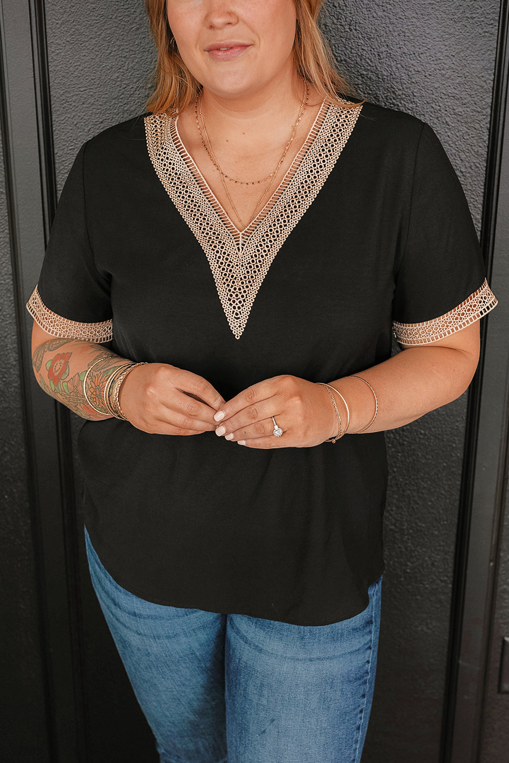 Women's Plus Size Lace-Trimmed Trim V Neck Top