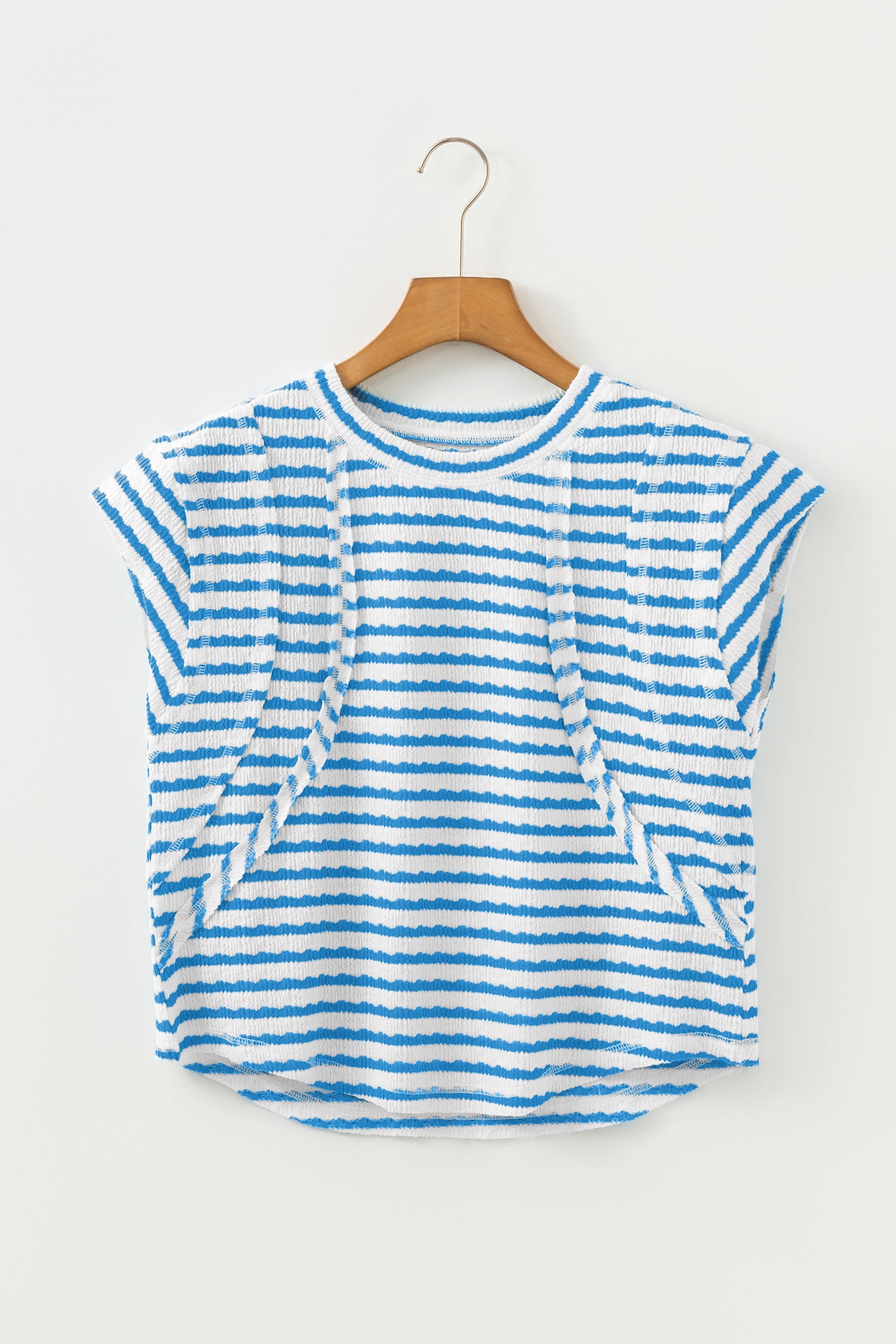 Stripe Textured Short-Sleeved Patchwork T Shirt in Blue