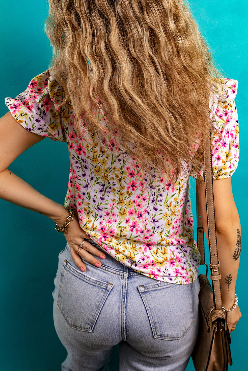 Floral Puff Short-Sleeved Crewneck Blouse