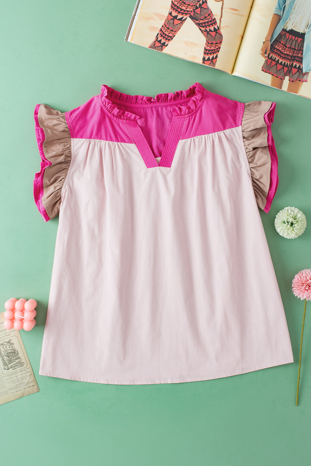 Women's Blouse with Color-Block Ruffle-Trimmed Sleeve Frill V Neck