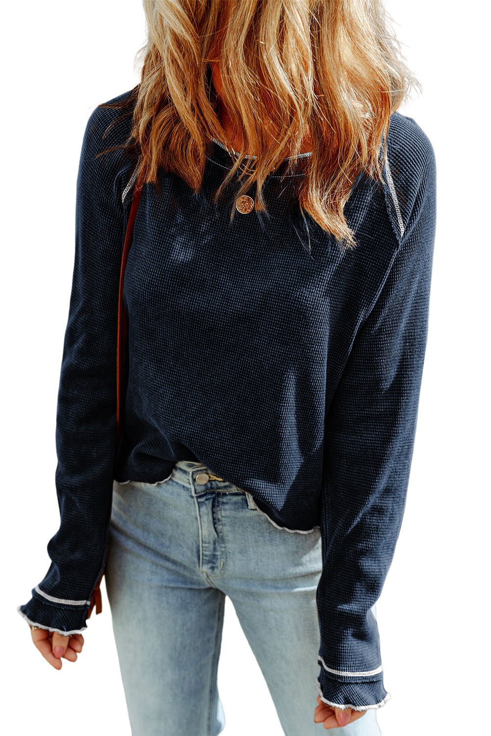 Women's Top with Textured Round Neck Long-Sleeve