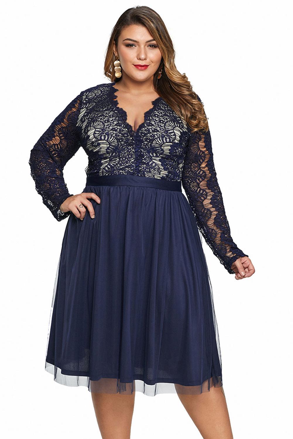 Neck Lace Scalloped Lace Tulle Plus Size Midi Dress in Black