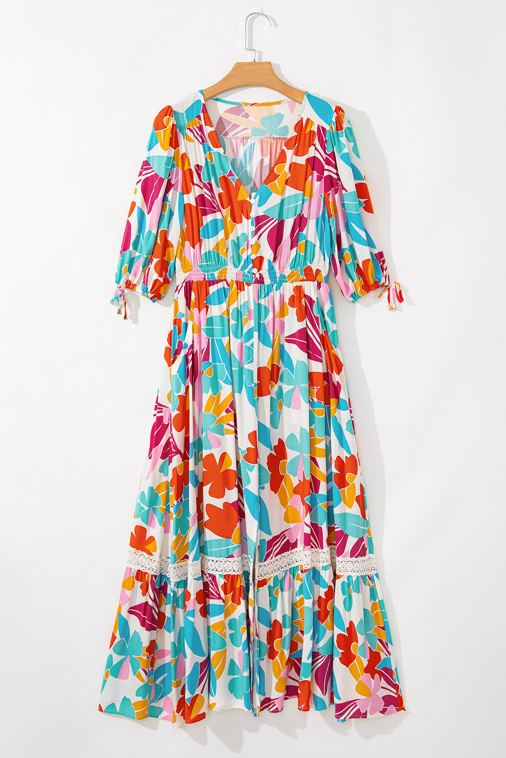 Floral Knot Buttoned Front Split Lace Maxi Dress
