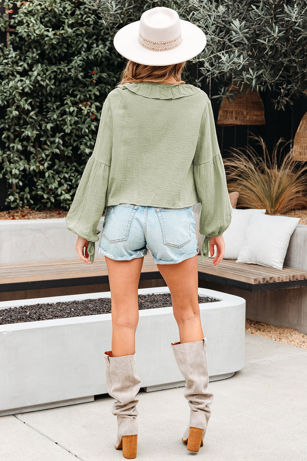 Bow Ruffle Tie Front Trim V-Neck Long-Sleeved Gauze Blouse