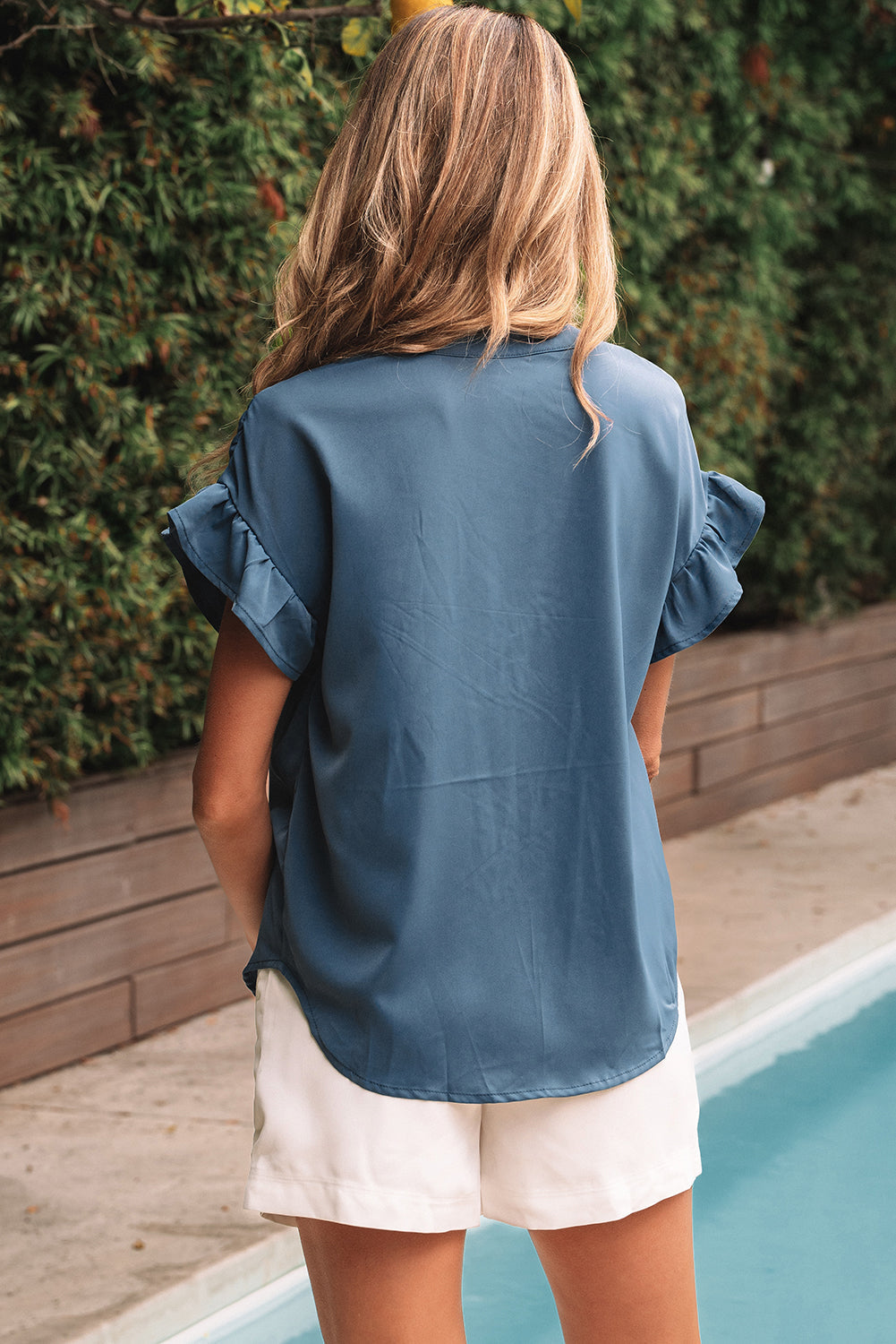 Ruffle Ruched Solid Ruched Short-Sleeved Button-Front Shirt