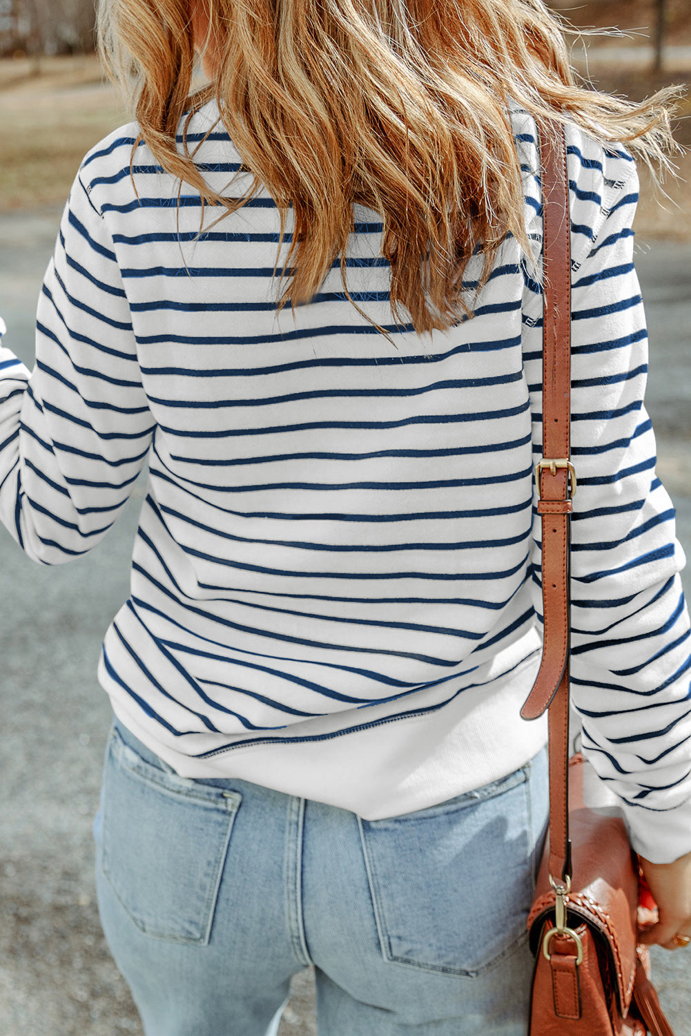 Women's Top with Striped Rib-Knitted Trim Long-Sleeve