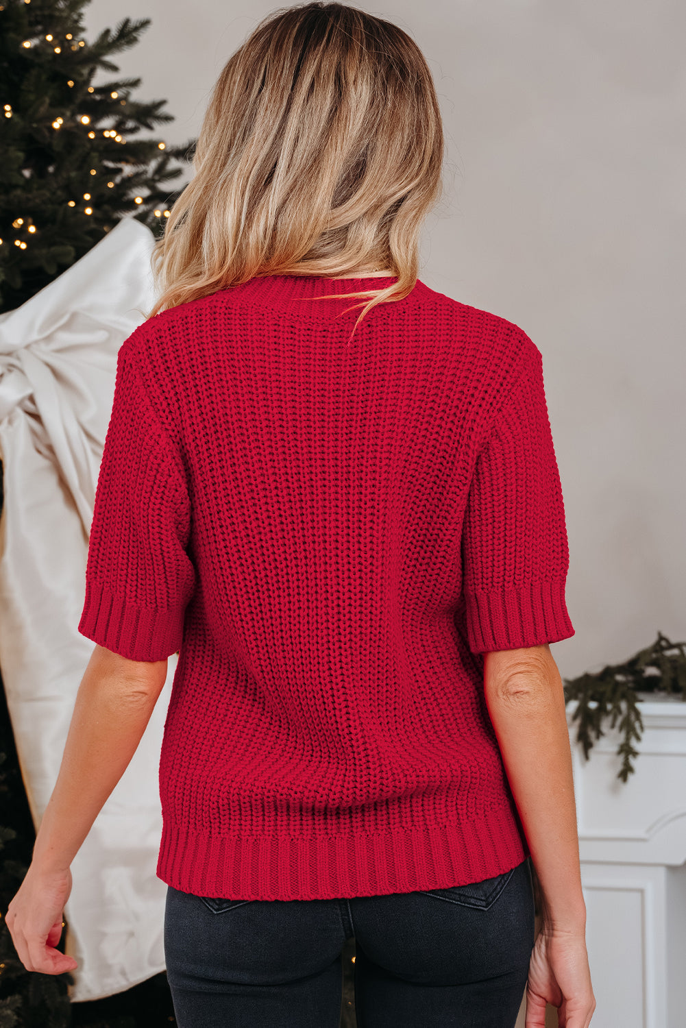 up Plaid Lace Detail Christmas Holiday Puff Short-Sleeved Knit Top