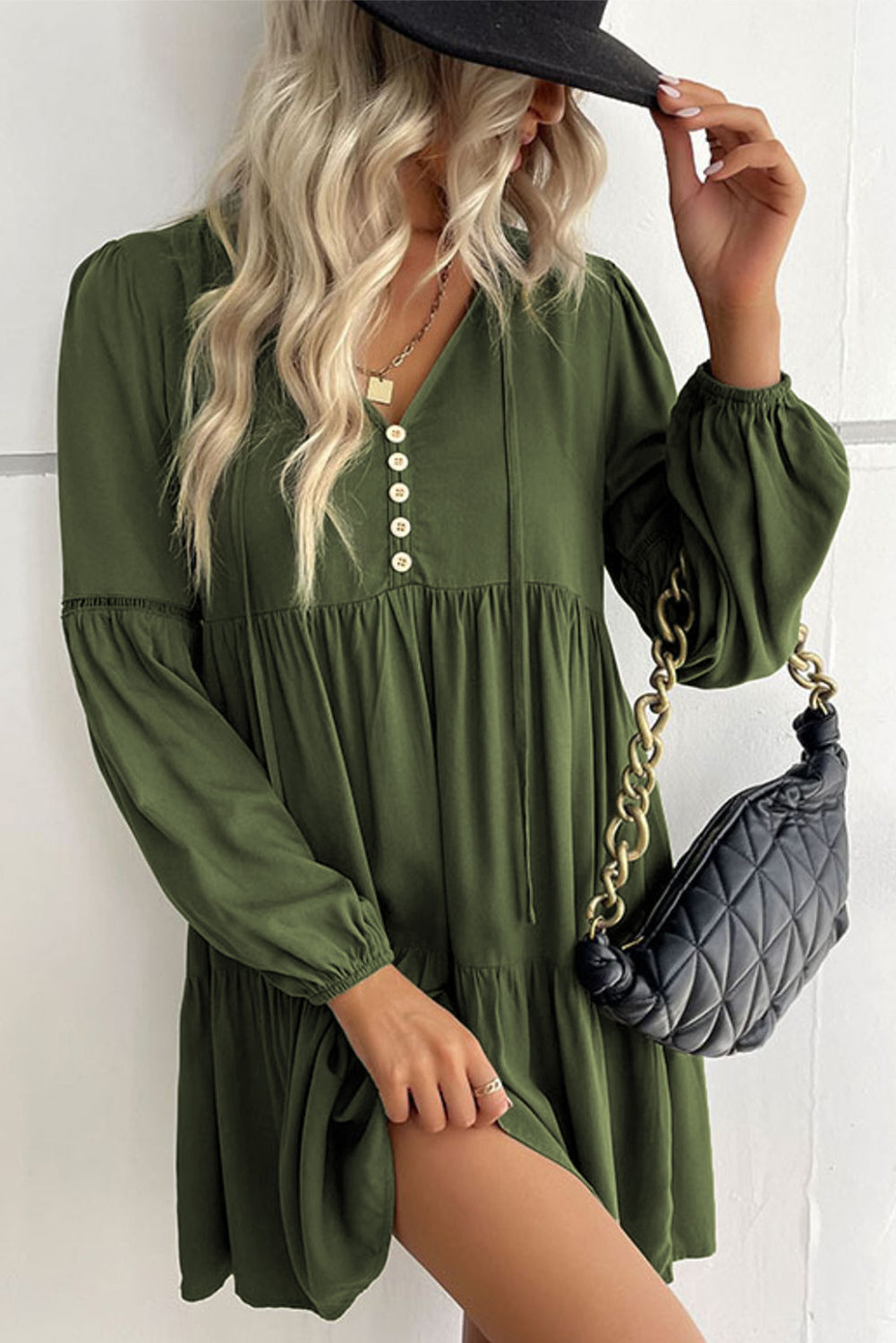 Women's Mini Dress with Layered Ruffle-Trimmed Lace-Trimmed Balloon Sleeve