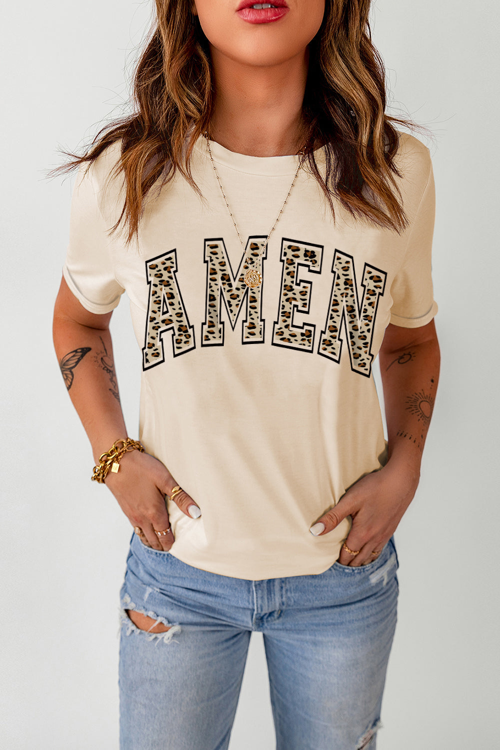 Women's T Shirt with Leopard-Print AMEN Graphic-Print