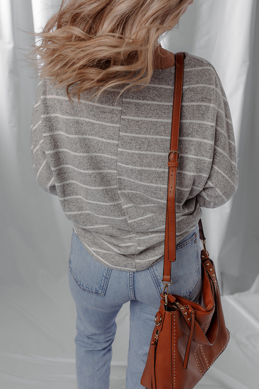 Dolman Sleeve Stripe Sleeve Cotton Top in Gray