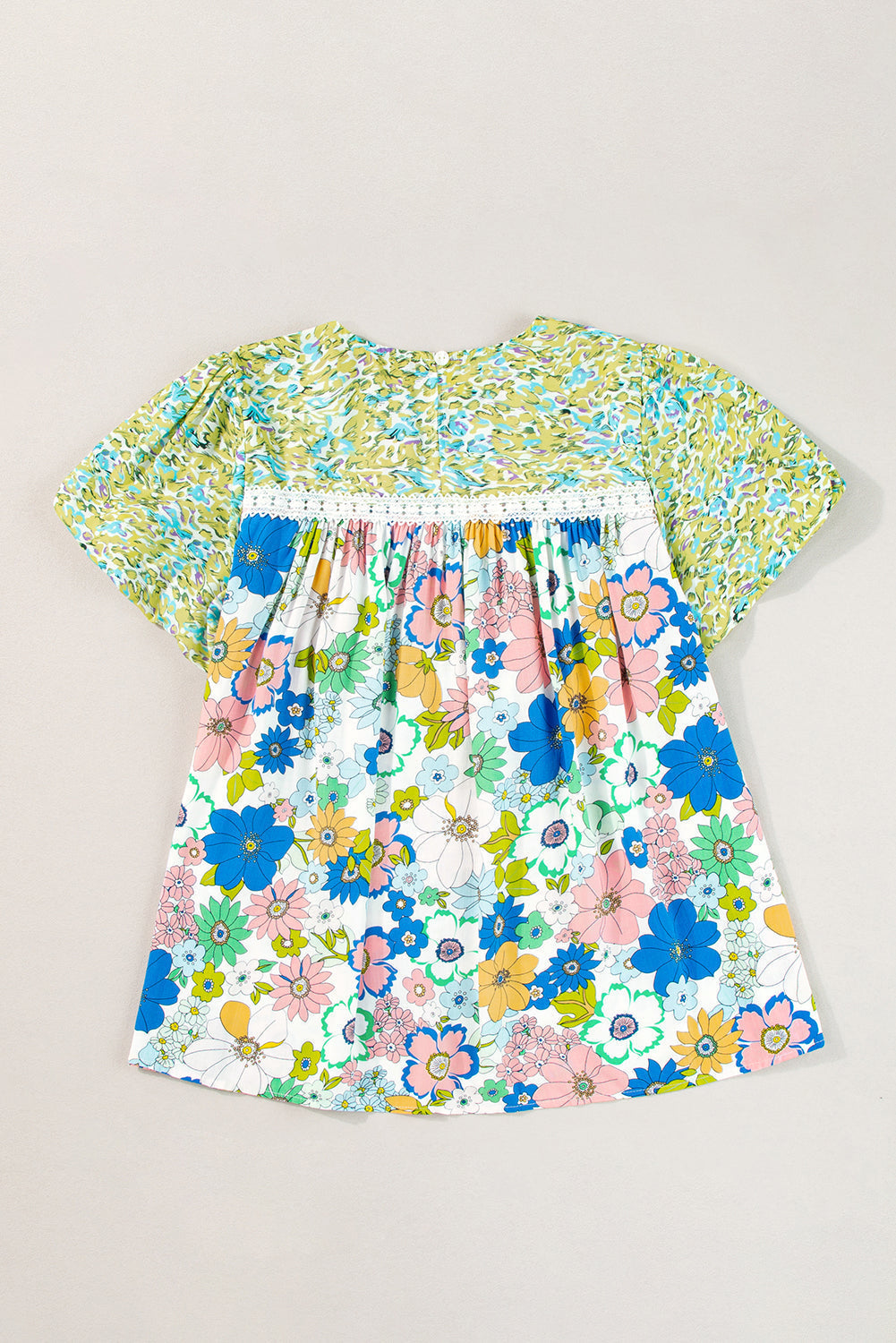 Women's Blouse with Lace-Trimmed Trim Floral-Print Mixed Print Bubble Sleeve