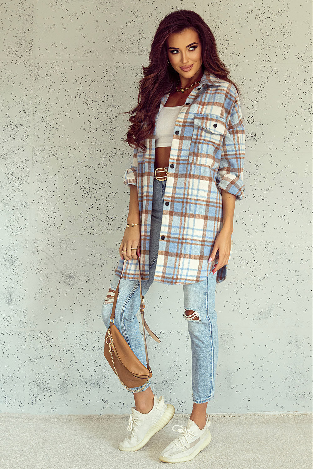 Women's Shacket Featuring Pocket Plaid Flap