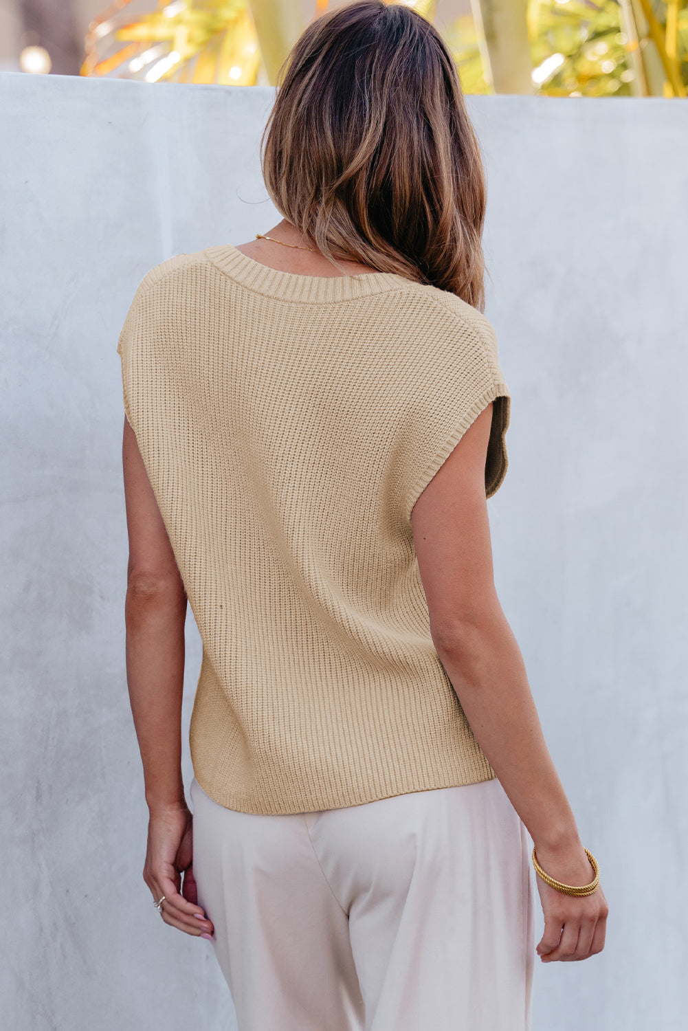 Sweater for Women Rib-Knitted Cap Sleeve Chest V Neck