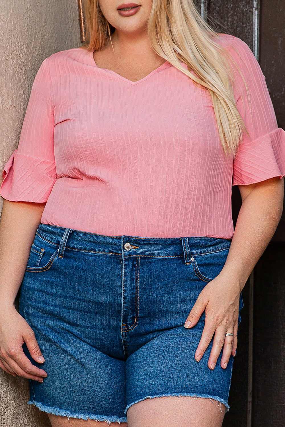 Women's Blouse Featuring Ruffle-Trimmed Half Sleeve Plus
